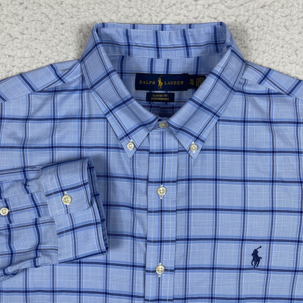 Ralph Lauren Button Down Shirt Mens XL Blue Plaid Performance Classic Fit Office